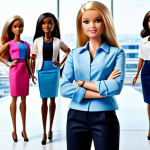 **Prompt for an image representing Barbie's modern diversity and professionalism:**
    A diverse group of professional Barbie characters, including various ethnicities and body types, fully clothed in modern, modest business suits and appropriate attire. They are gathered in a collaborative meeting in a sleek, brightly lit contemporary office space with large windows overlooking a city skyline. The atmosphere is professional and inclusive, showcasing teamwork and ambition. All figures have perfect anatomy, correct proportions, natural poses, well-formed hands, proper finger count, and natural body proportions. This image is safe for work, appropriate content, fully clothed, and family-friendly.